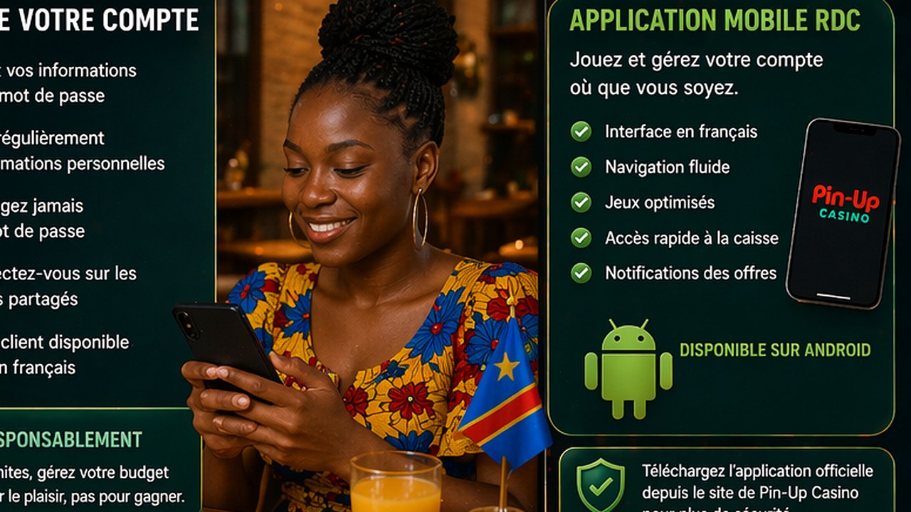 Utilisatrice congolaise avec smartphone dans une scène liée au dépôt après inscription, à la sécurité du compte et à l’application mobile Pin-Up Casino en français